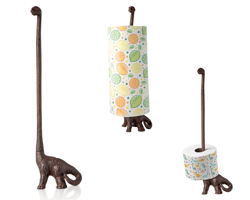Comfify Paper Towel Holder or Free Standing Toilet Paper Holder - Cast Iron Dinosaur Paper Holder - Bathroom Holder or Stand Up Paper Towel Holder - Rustic Brown w/Vintage Finish - Image 1